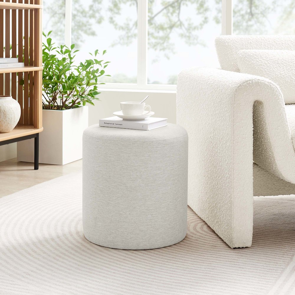 Callum 16" Round Woven Heathered Fabric Upholstered Ottoman. Picture 7