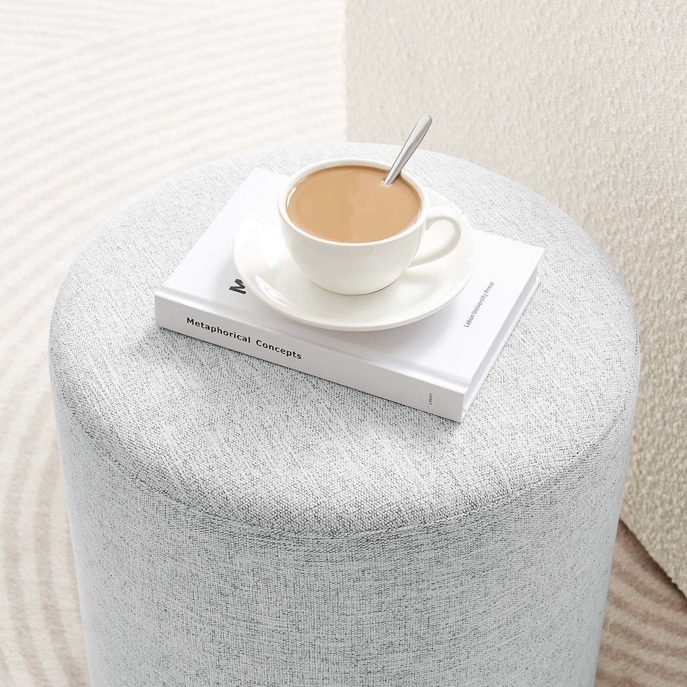 Callum 16" Round Woven Heathered Fabric Upholstered Ottoman. Picture 8