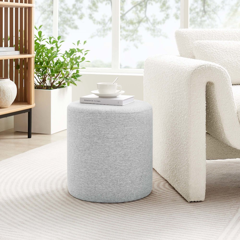 Callum 16" Round Woven Heathered Fabric Upholstered Ottoman. Picture 7