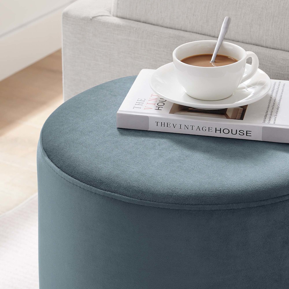 Tilden 16" Round Performance Velvet Upholstered Ottoman. Picture 8