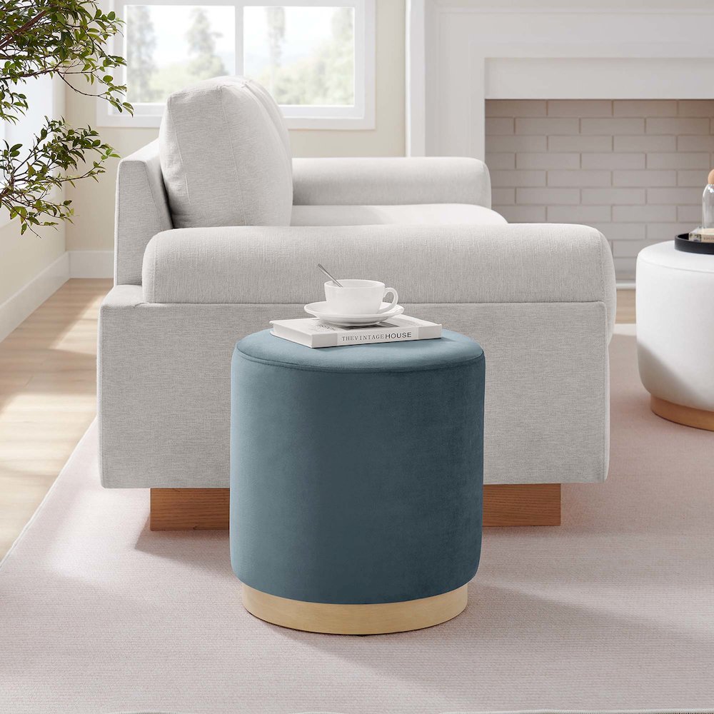 Tilden 16" Round Performance Velvet Upholstered Ottoman. Picture 7
