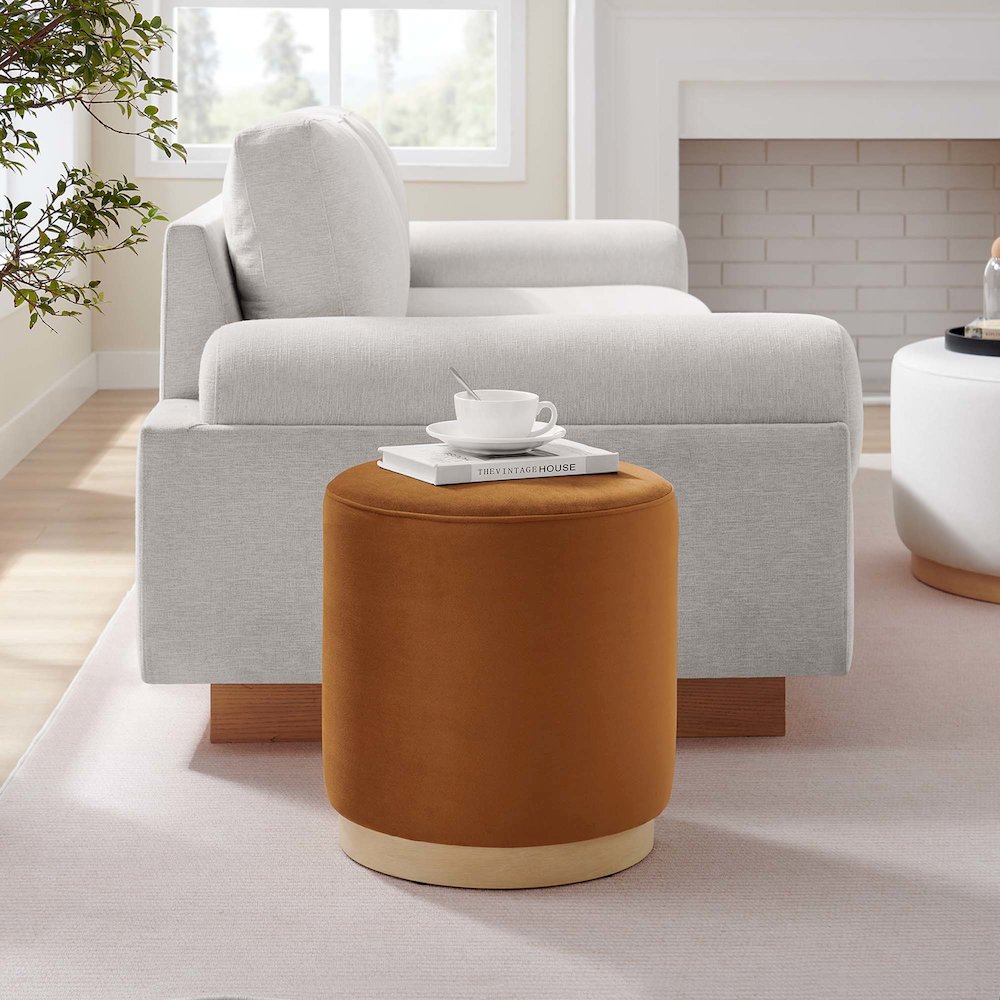 Tilden 16" Round Performance Velvet Upholstered Ottoman. Picture 7