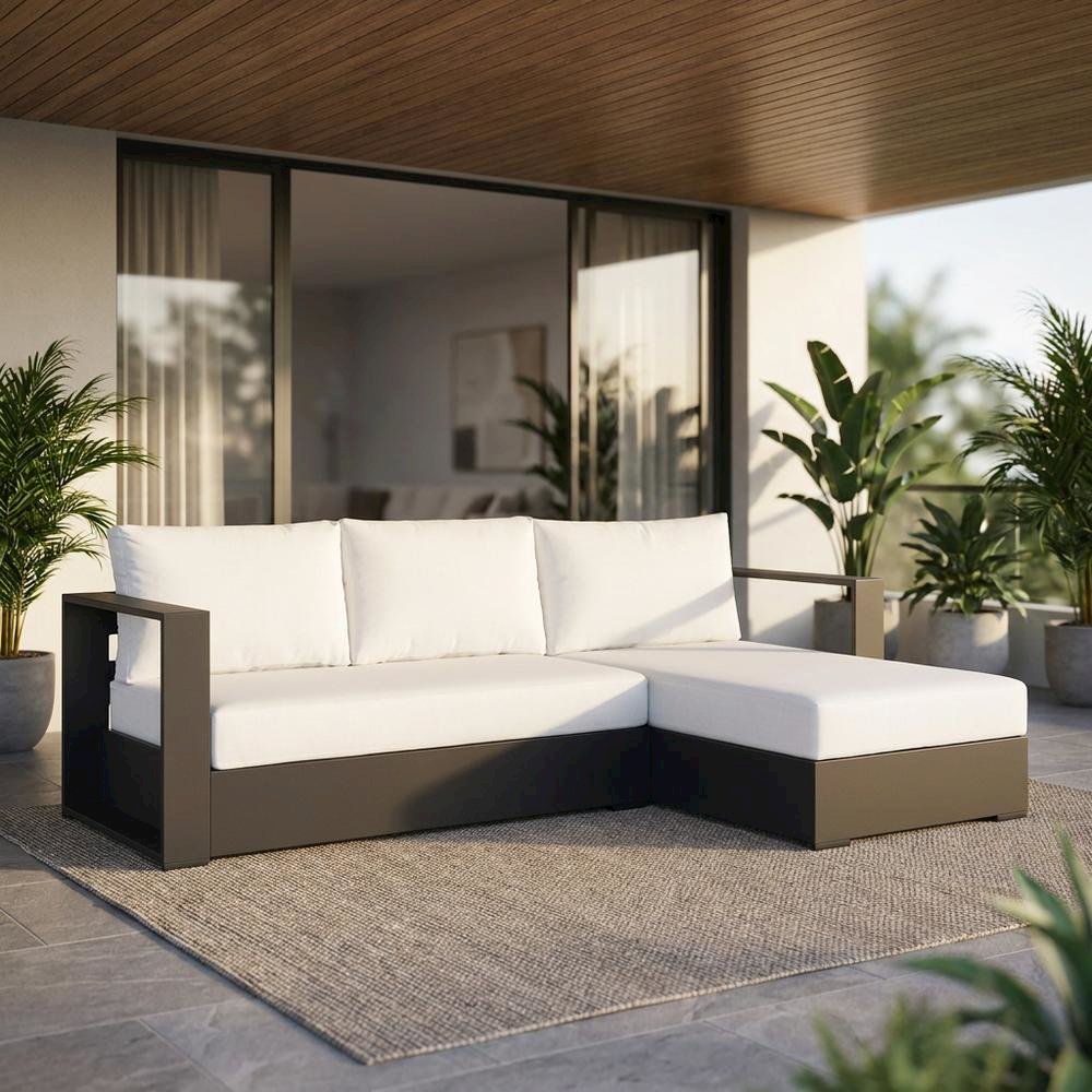 Powder-Coated Aluminum Right-Facing Chaise Outdoor Sectional Sofa Set, Gray. Picture 2