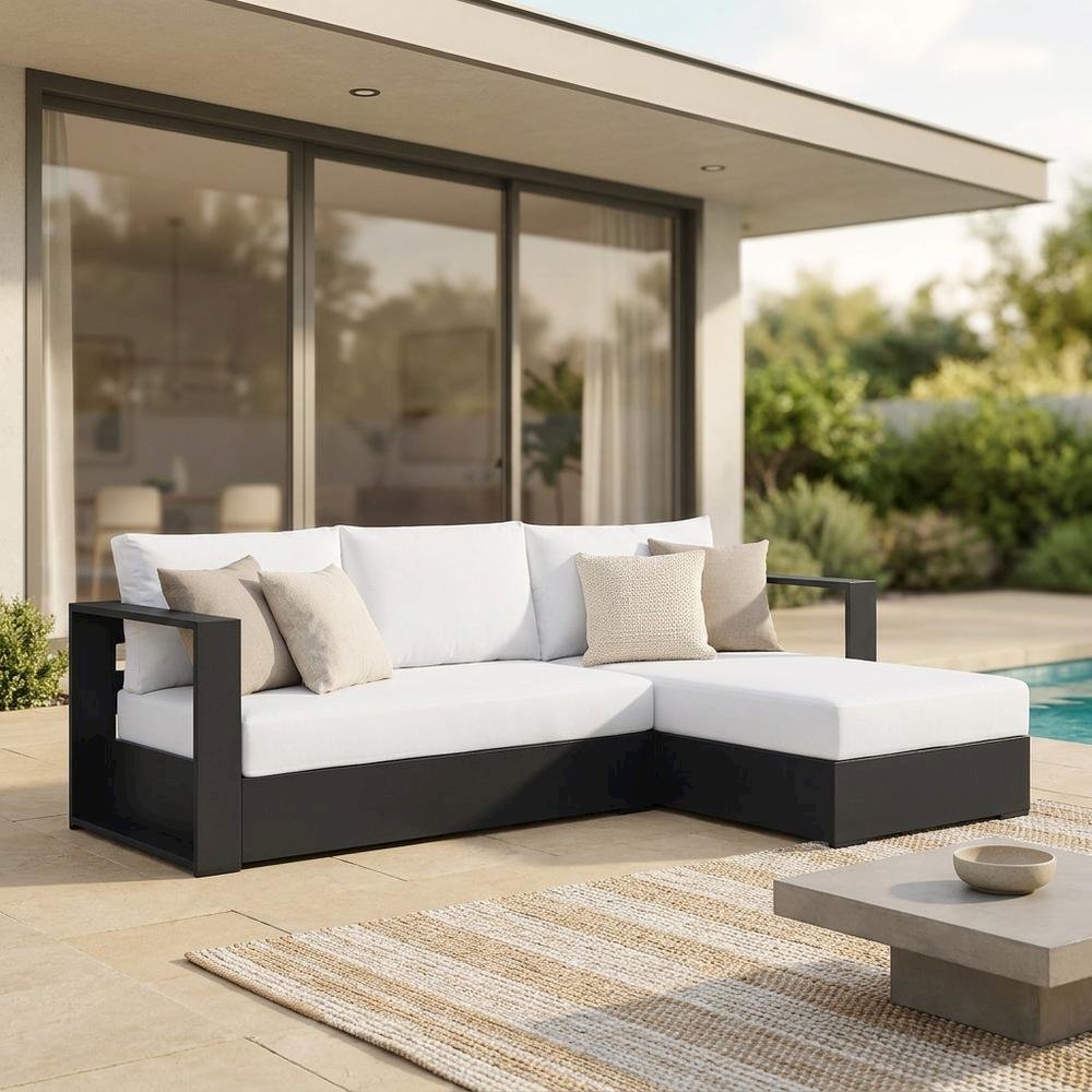 Powder-Coated Aluminum Right-Facing Chaise Outdoor Sectional Sofa Set, Gray. Picture 3