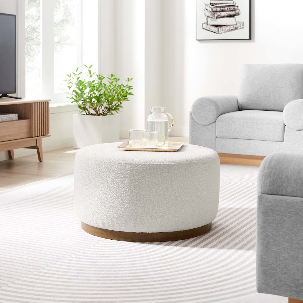 Tilden Large 29" Round Boucle Upholstered Ottoman. Picture 6