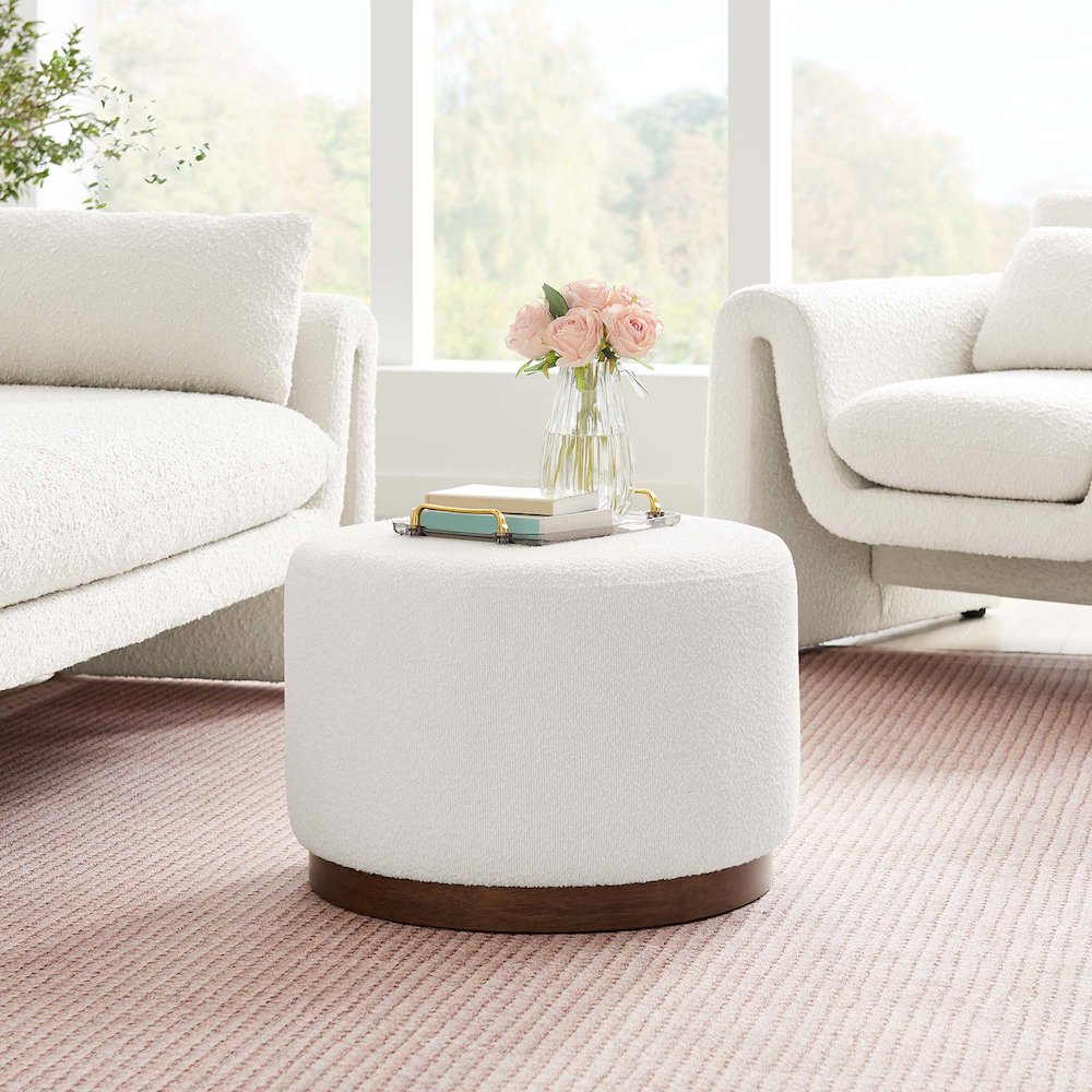Tilden Large 23" Round Boucle Upholstered Upholstered Ottoman. Picture 6