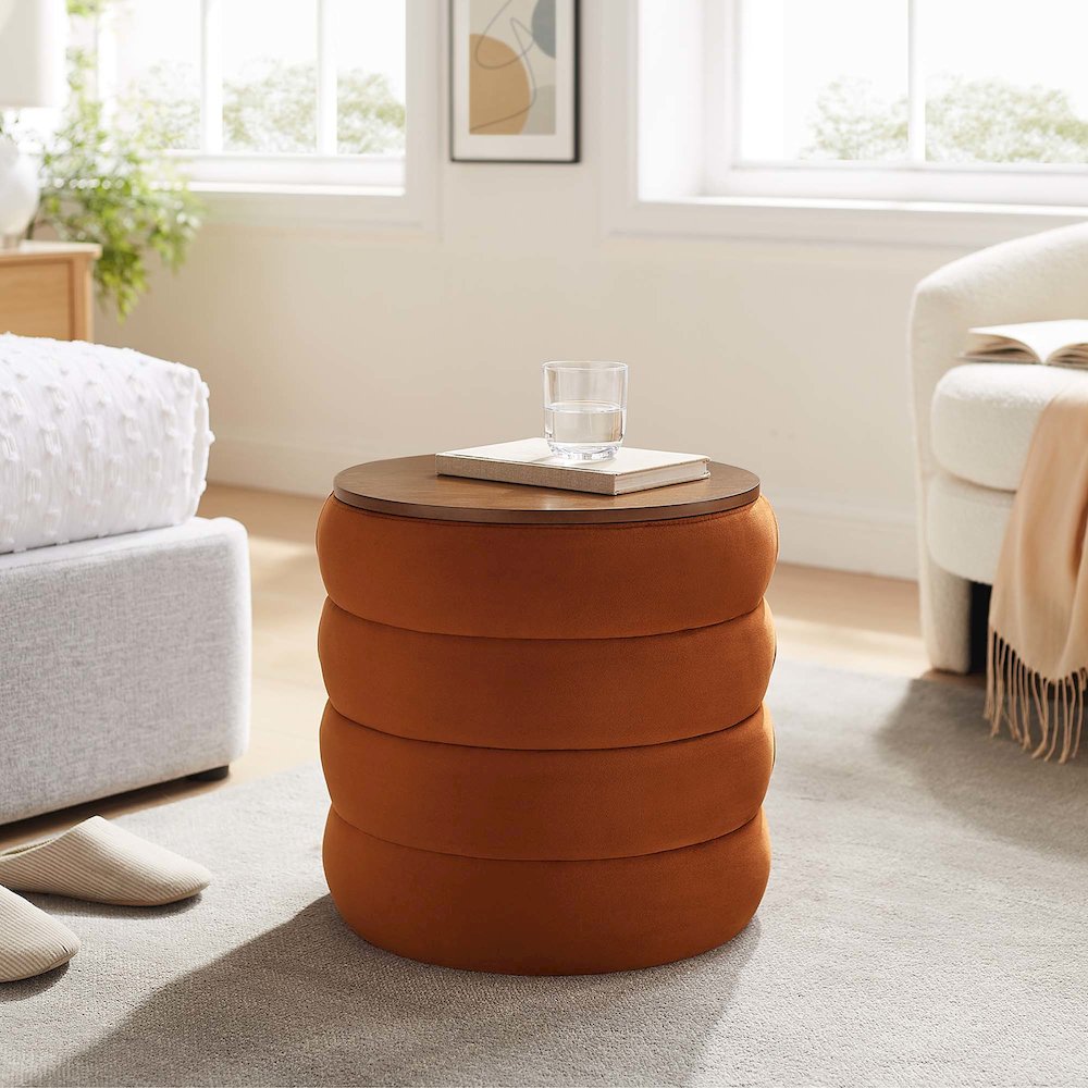Mezzo Round Performance Velvet Storage Ottoman. Picture 7