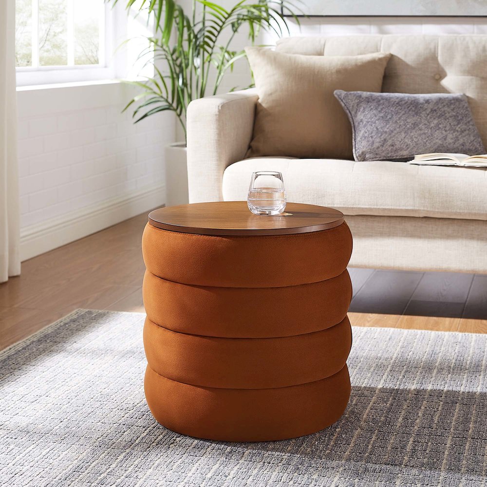 Mezzo Round Performance Velvet Storage Ottoman. Picture 8