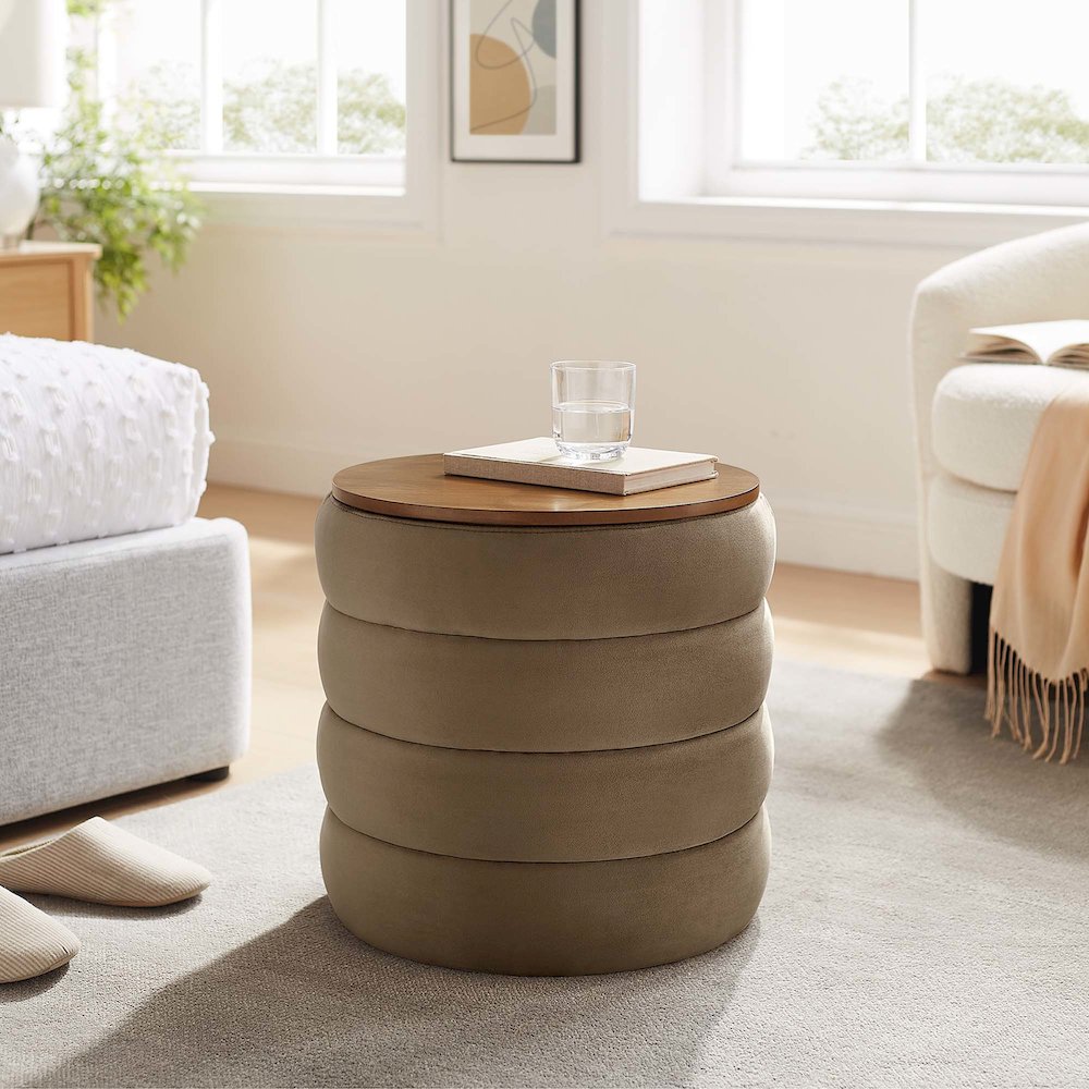 Mezzo Round Performance Velvet Storage Ottoman. Picture 7