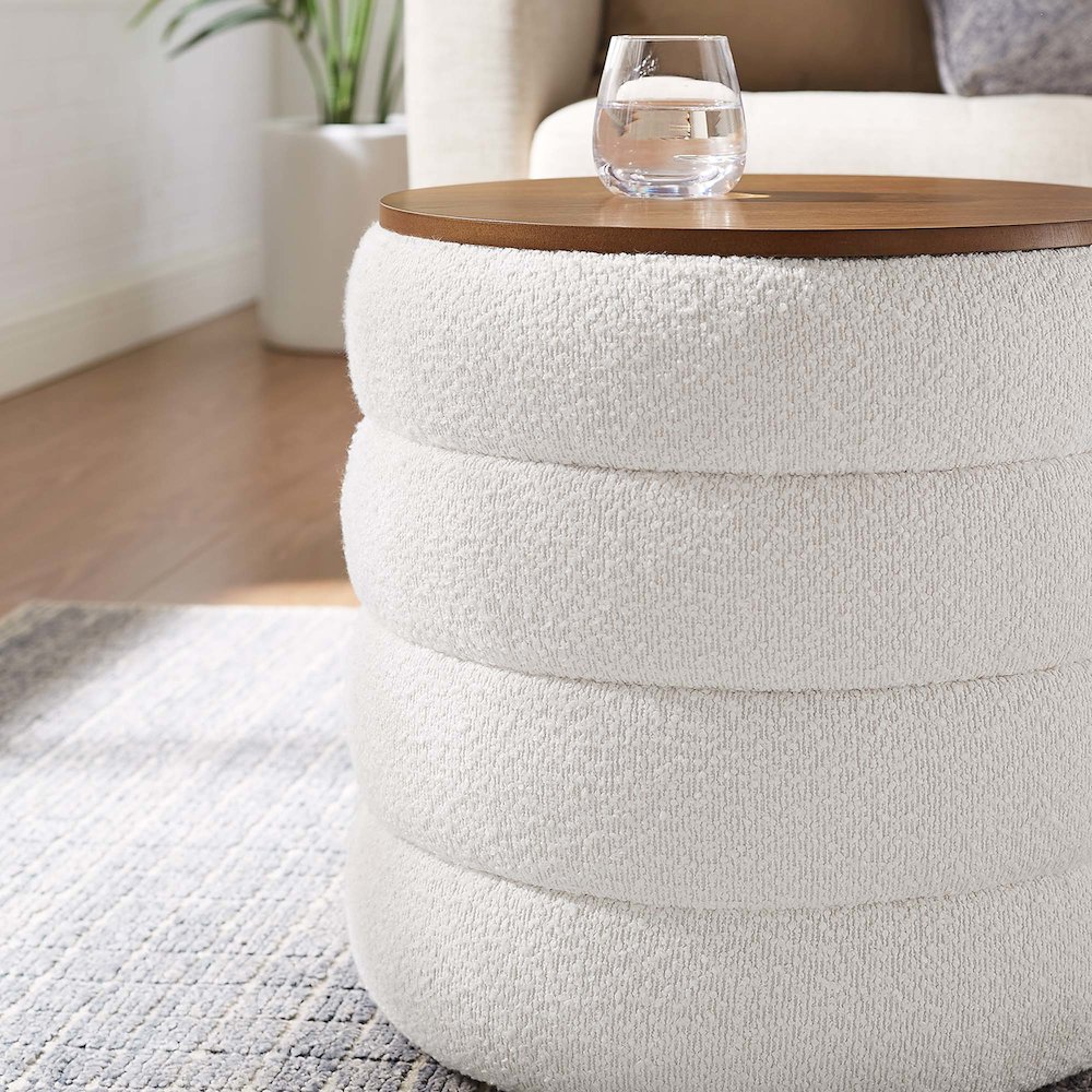 Mezzo Round Boucle Fabric Storage Ottoman. Picture 9