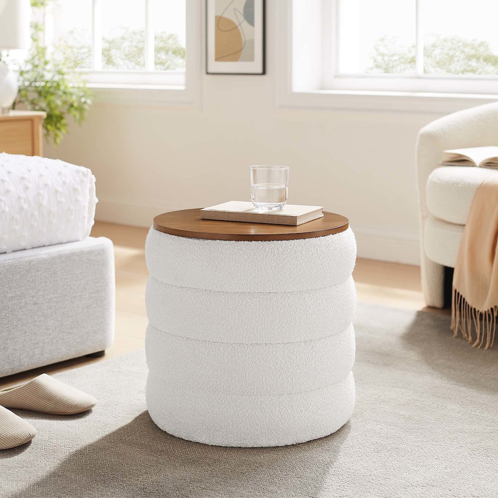 Mezzo Round Boucle Fabric Storage Ottoman. Picture 7