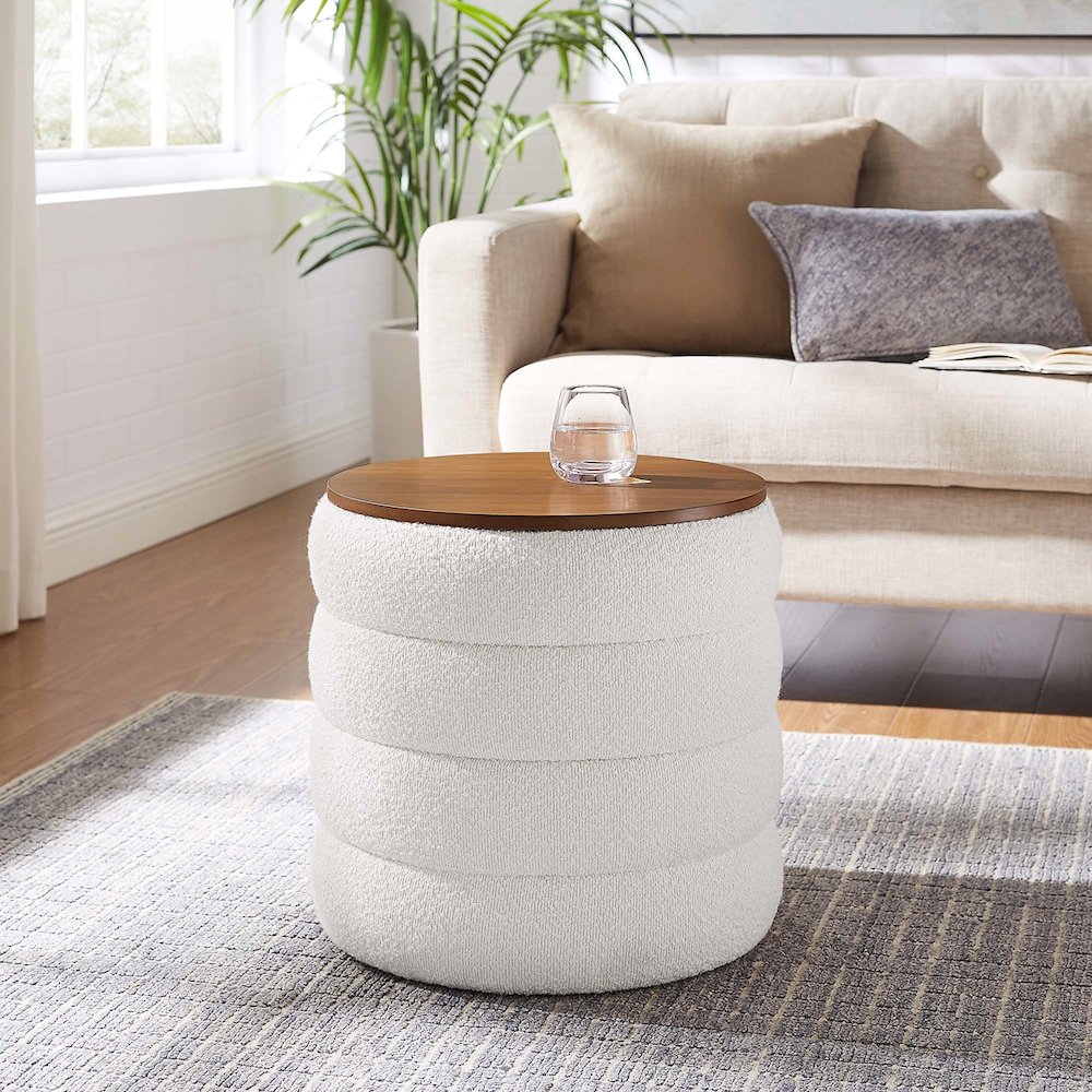 Mezzo Round Boucle Fabric Storage Ottoman. Picture 8