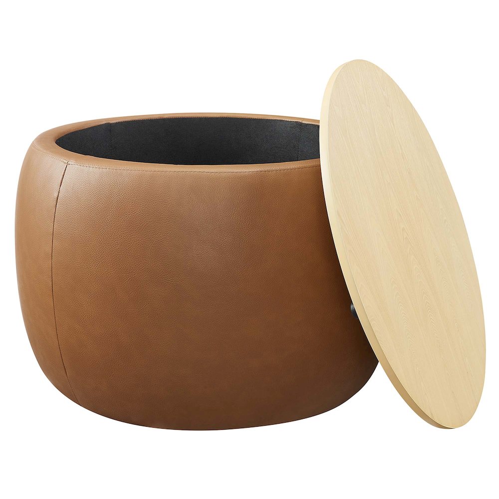 Perla Round Vegan Leather Storage Ottoman. Picture 4