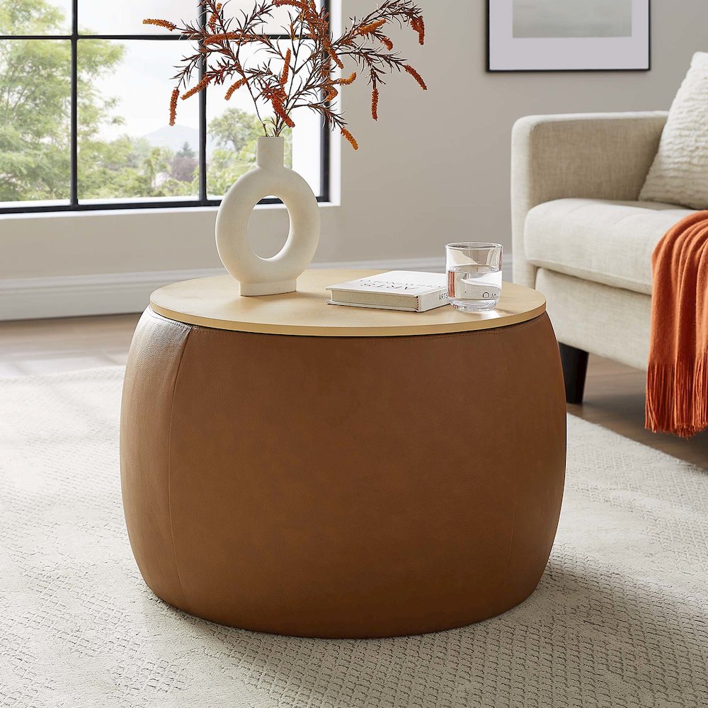 Perla Round Vegan Leather Storage Ottoman. Picture 7