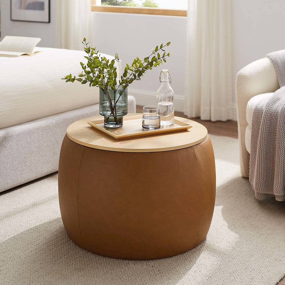 Perla Round Vegan Leather Storage Ottoman. Picture 8
