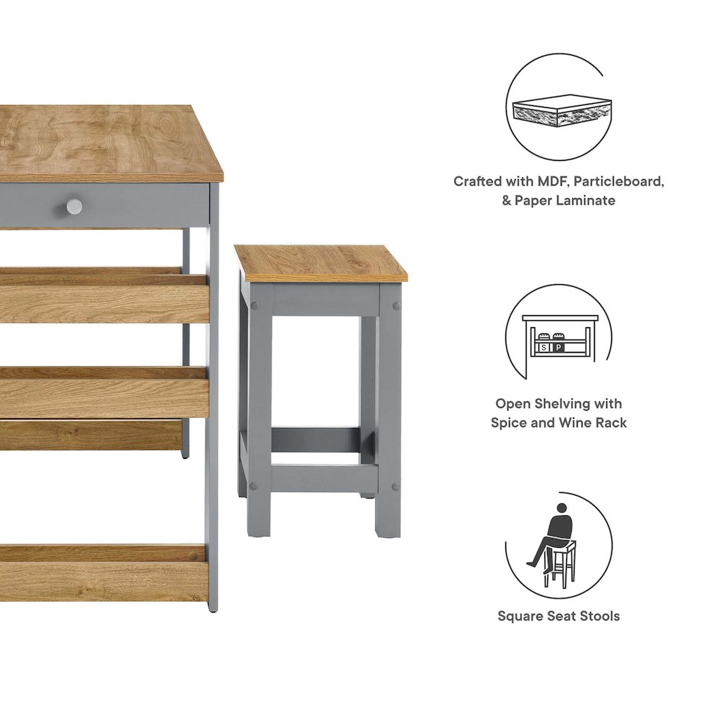Galley 3-Piece Kitchen Island and Stool Set. Picture 2