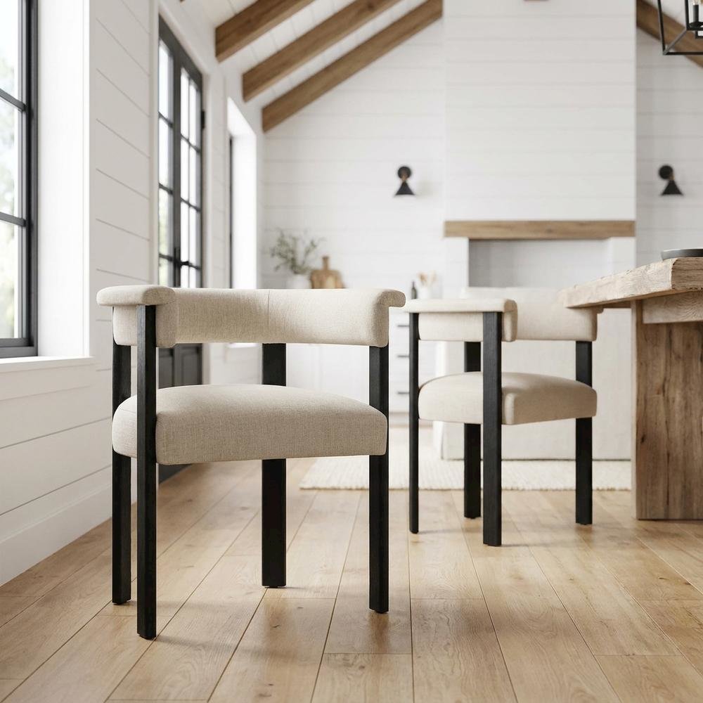 Fabric Upholstered Barrel Dining Chairs, Heathered Weave Ivory Black, Set of 2. Picture 2