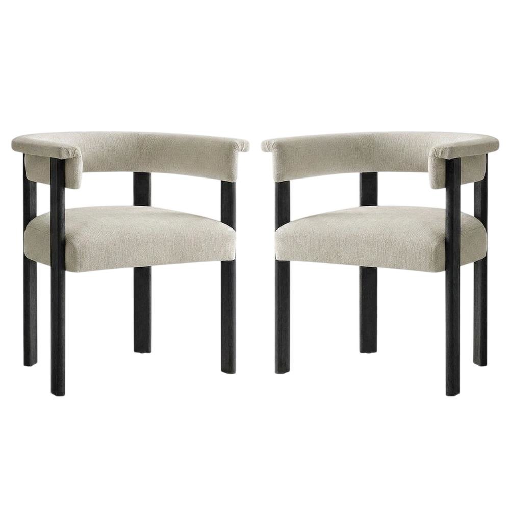 Fabric Upholstered Barrel Dining Chairs, Heathered Weave Ivory Black, Set of 2. Picture 4