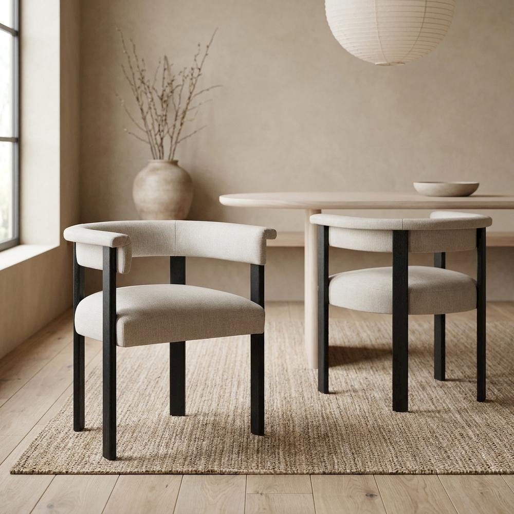 Fabric Upholstered Barrel Dining Chairs, Heathered Weave Ivory Black, Set of 2. Picture 3