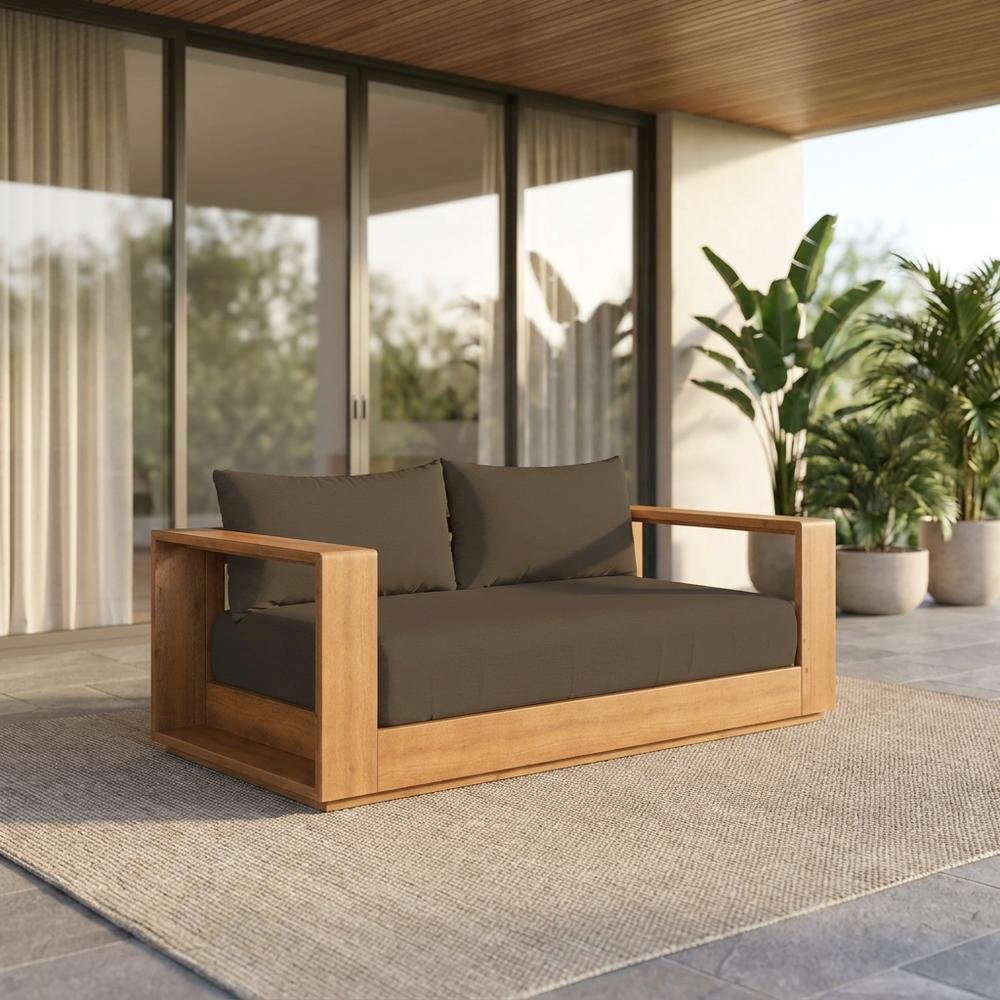 Acacia Wood Outdoor Loveseat, Patio Couch Outdoor Sofa, Natural Cocoa. Picture 2