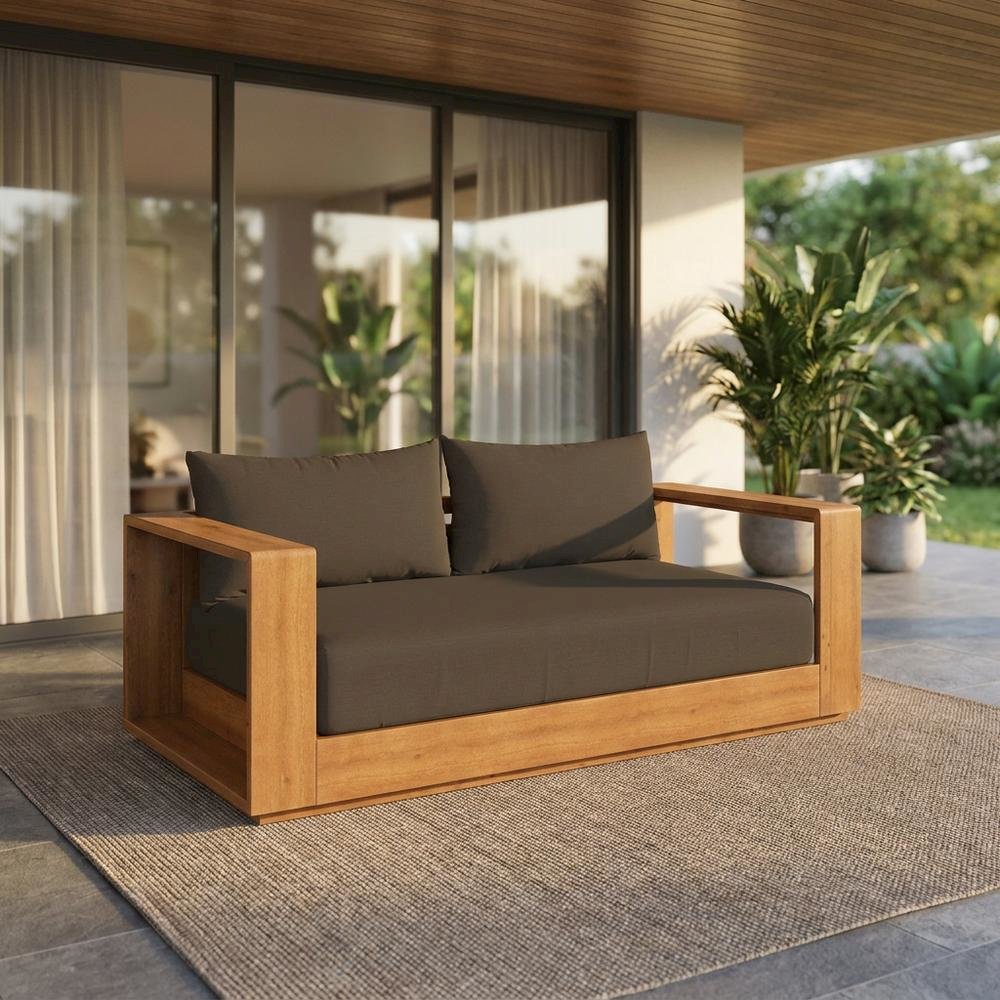 Acacia Wood Outdoor Loveseat, Patio Couch Outdoor Sofa, Natural Cocoa. Picture 3