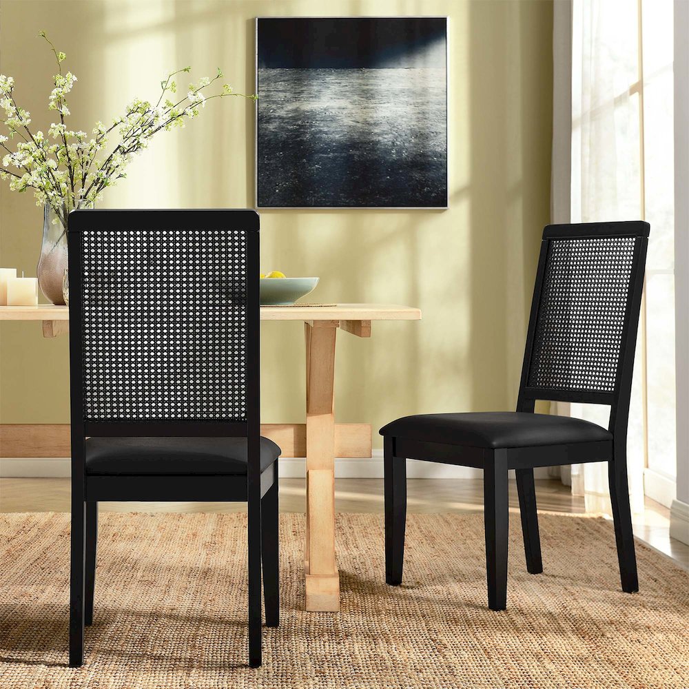 Arlo Vegan Leather Upholstered Faux Rattan and Wood Dining Side Chairs Set of 2. Picture 9