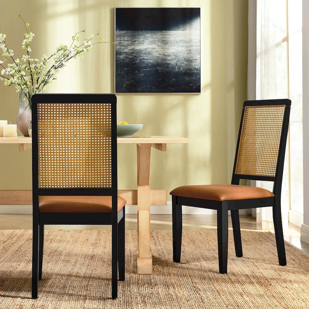 Arlo Vegan Leather Upholstered Faux Rattan and Wood Dining Side Chairs Set of 2. Picture 9