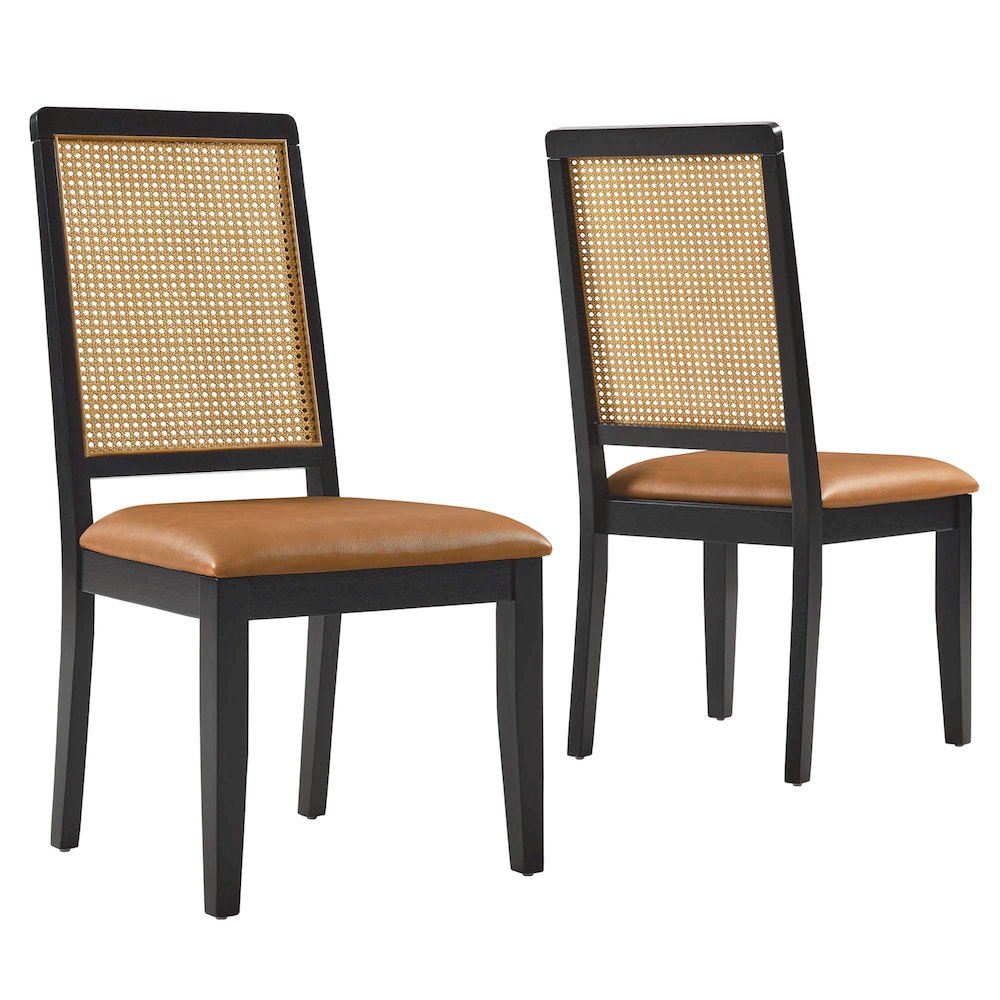Arlo Vegan Leather Upholstered Faux Rattan and Wood Dining Side Chairs Set of 2. Picture 1