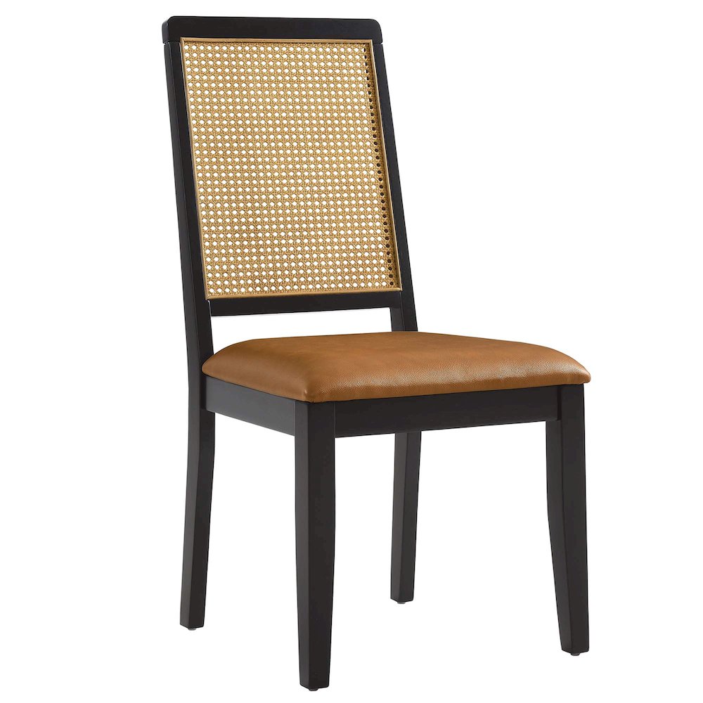 Arlo Vegan Leather Upholstered Faux Rattan and Wood Dining Side Chairs Set of 2. Picture 4