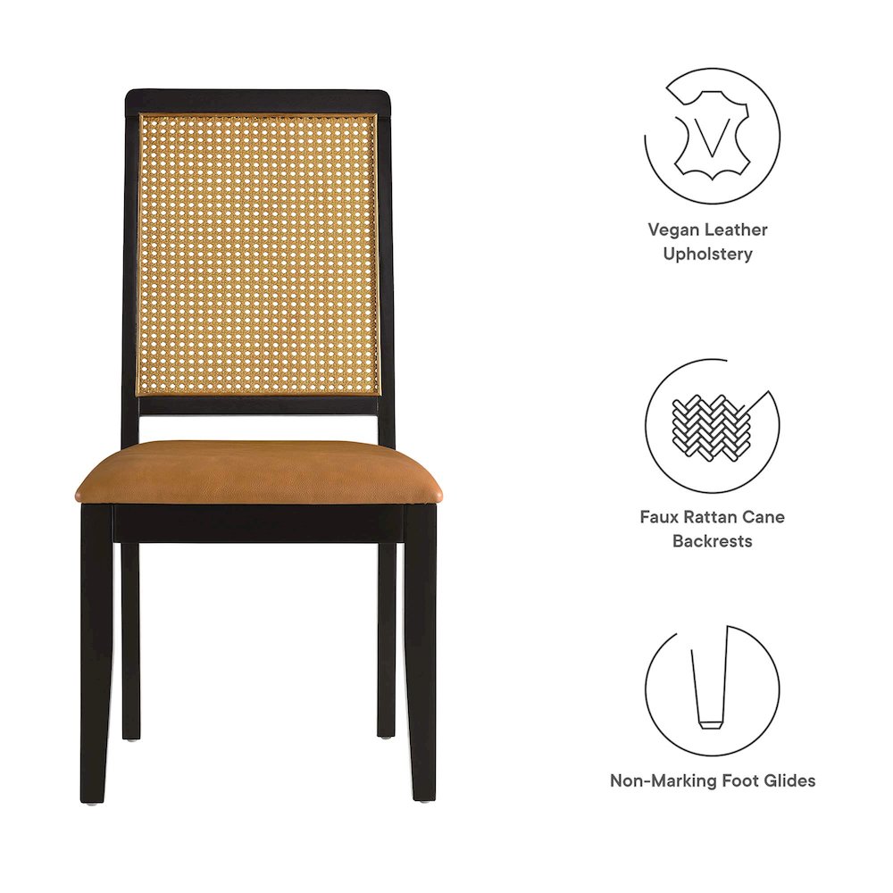 Arlo Vegan Leather Upholstered Faux Rattan and Wood Dining Side Chairs Set of 2. Picture 3