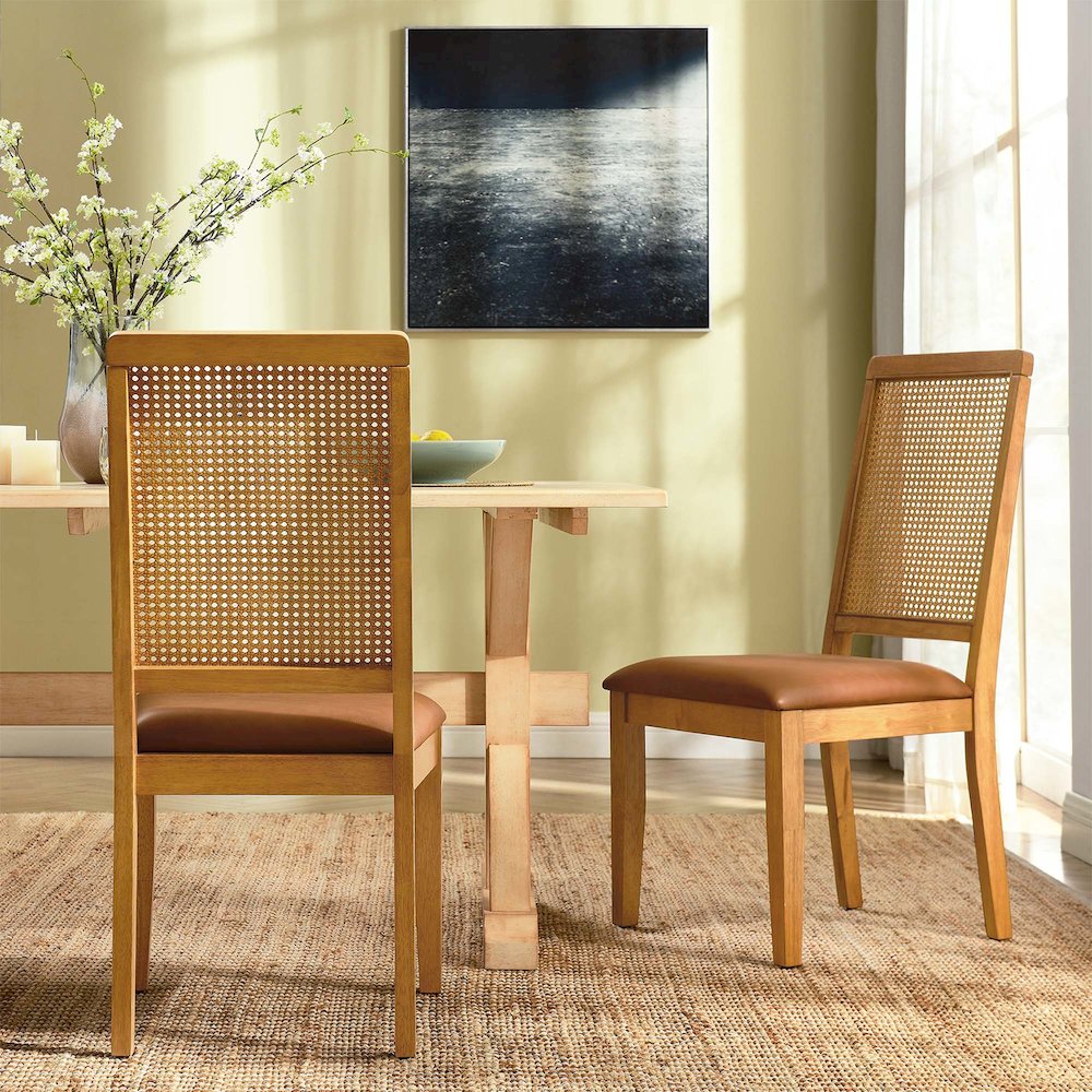 Arlo Vegan Leather Upholstered Faux Rattan and Wood Dining Side Chairs Set of 2. Picture 2