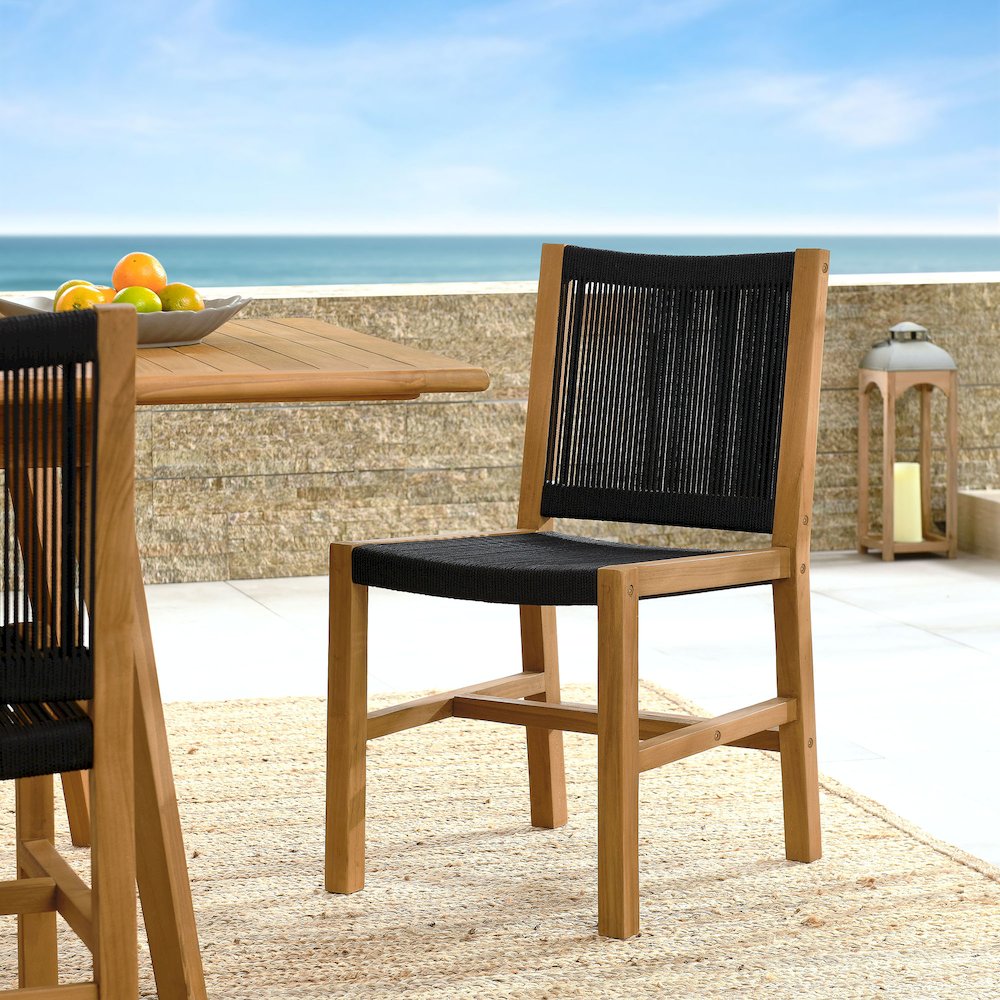 Vienna Outdoor Patio Teak and Rope Armless Dining Chairs Set of 2. Picture 9