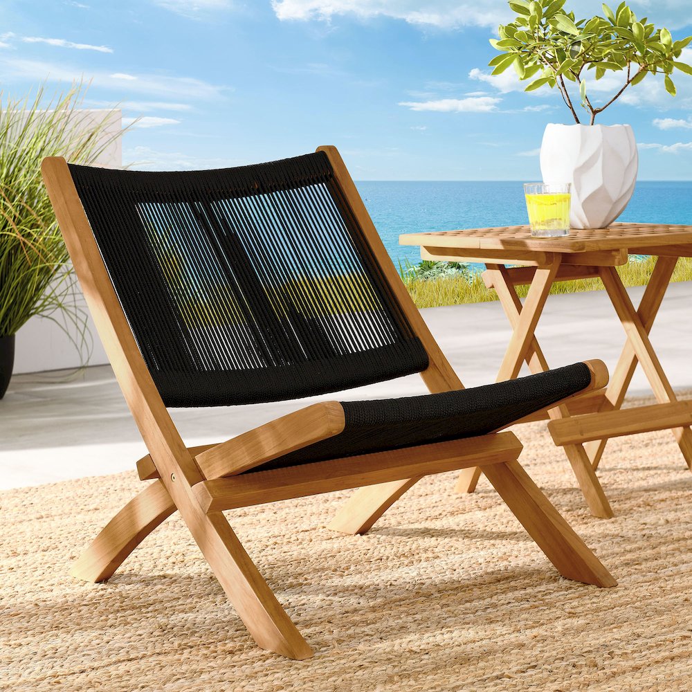 Vienna Outdoor Patio Teak and Rope Folding Accent Lounge Chair. Picture 9