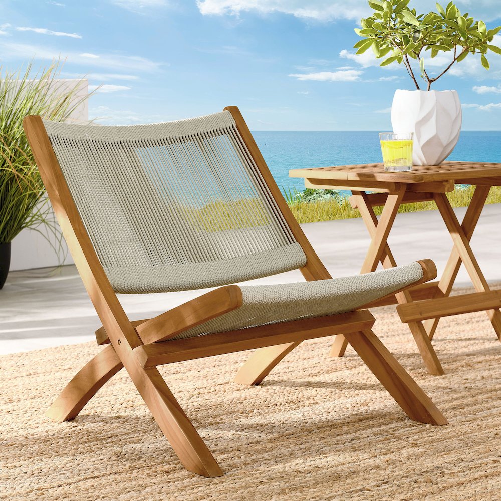 Vienna Outdoor Patio Teak and Rope Folding Accent Lounge Chair. Picture 9