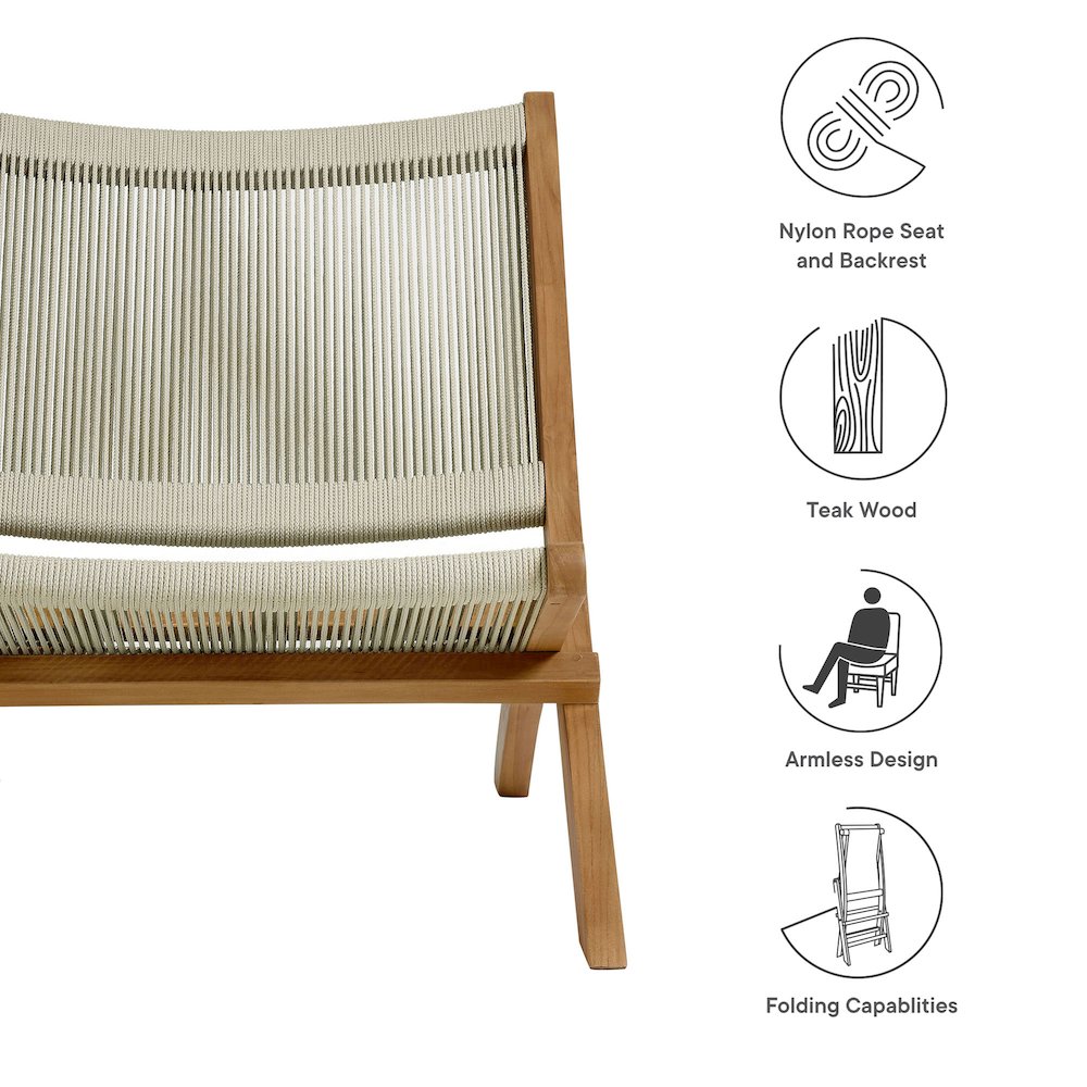 Vienna Outdoor Patio Teak and Rope Folding Accent Lounge Chair. Picture 2