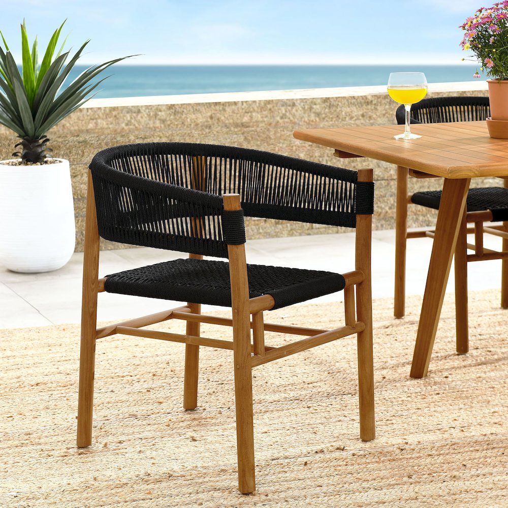Vienna Outdoor Patio Teak and Rope Curved-Back Dining Armchairs Set of 2. Picture 10