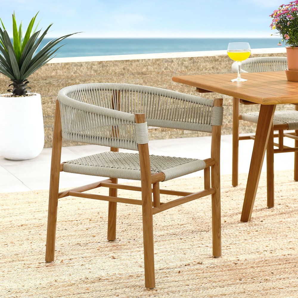 Vienna Outdoor Patio Teak and Rope Curved-Back Dining Armchairs Set of 2. Picture 10