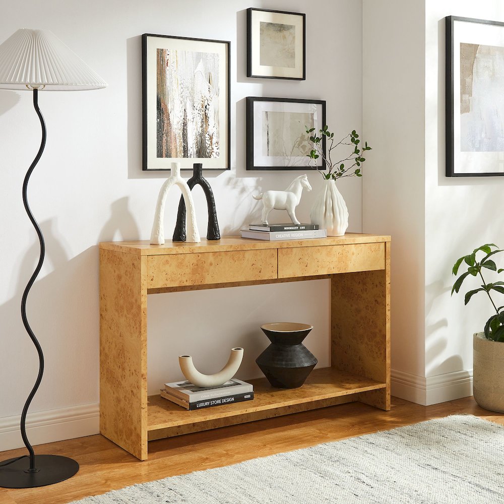 Hudson 2-Drawer Burl Wood Console Table. Picture 8