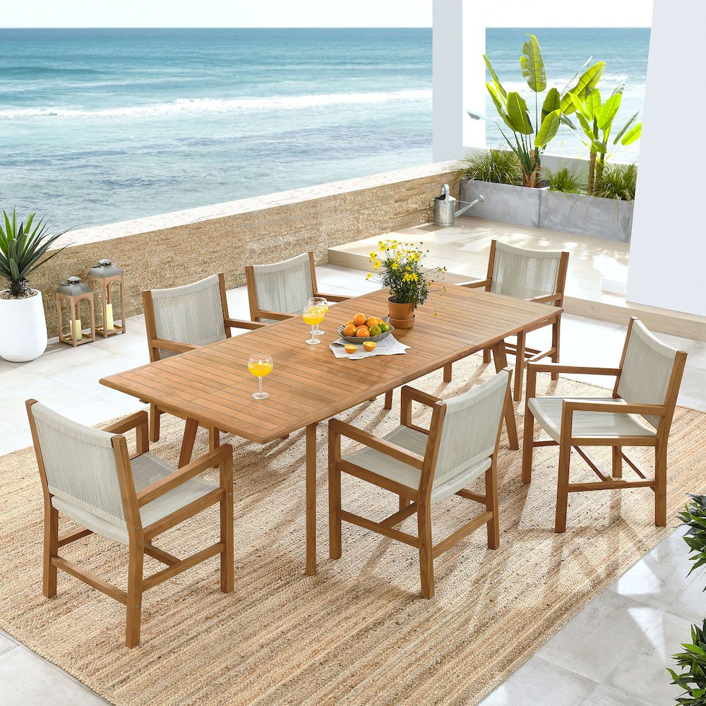 Vienna 7-Piece Outdoor Patio Teak and Rope Dining Set with Armchairs. Picture 11