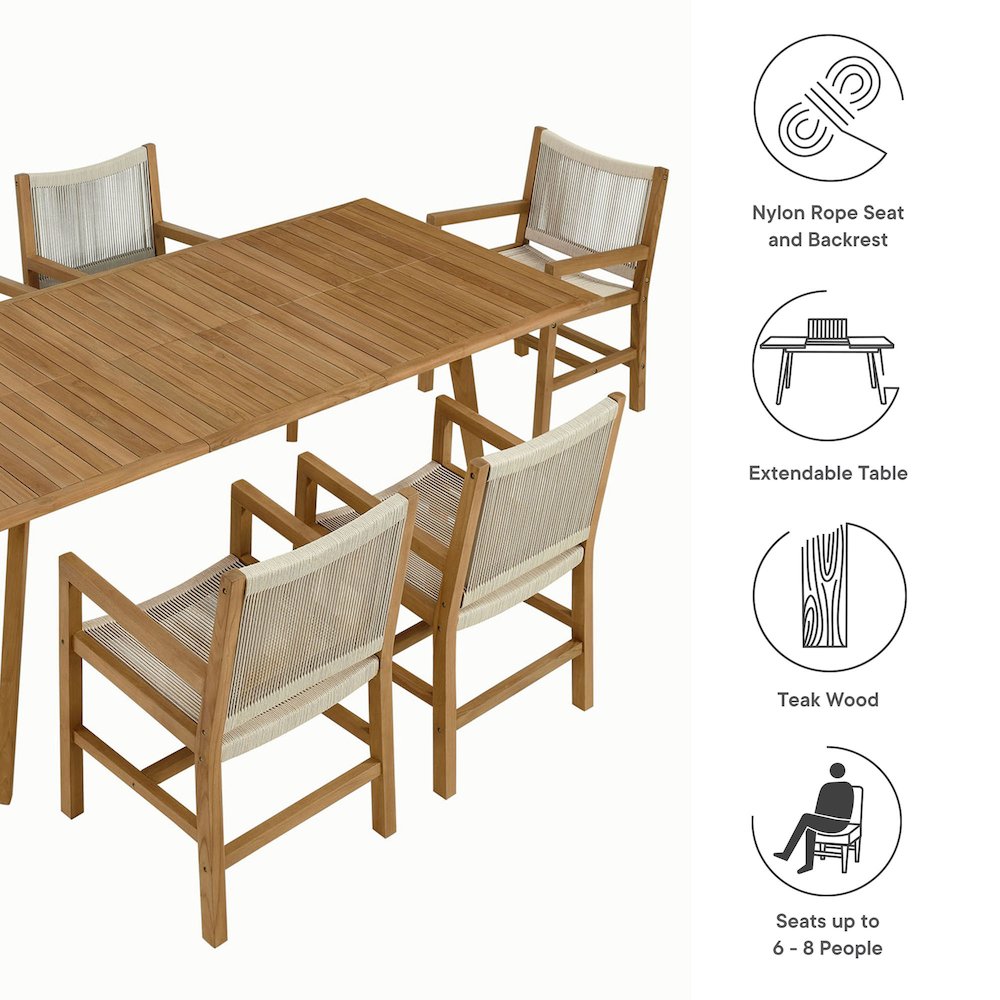 Vienna 7-Piece Outdoor Patio Teak and Rope Dining Set with Armchairs. Picture 4