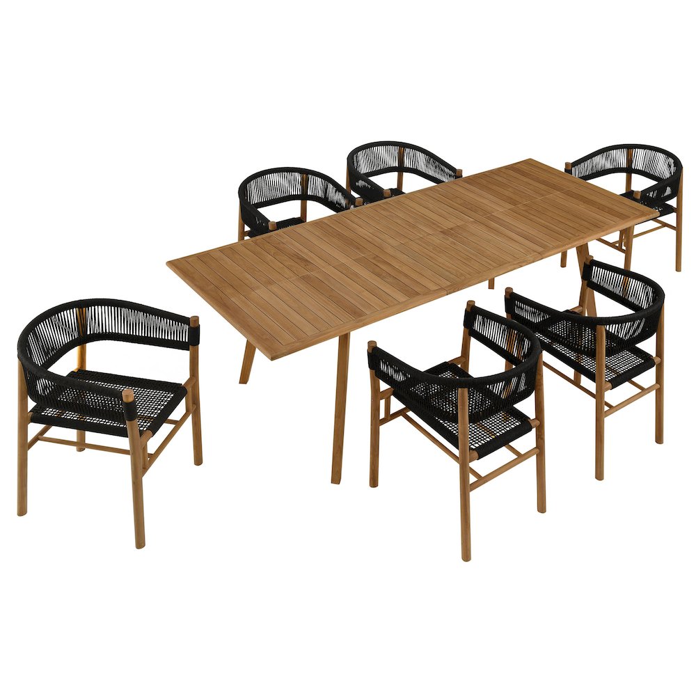 Vienna 7-Piece Outdoor Patio Teak and Rope Dining Set with Curved-Back Armchairs. Picture 1
