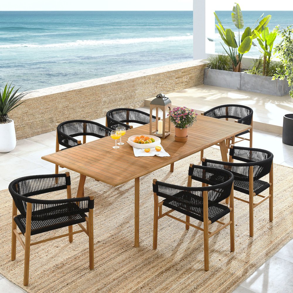 Vienna 7-Piece Outdoor Patio Teak and Rope Dining Set with Curved-Back Armchairs. Picture 11