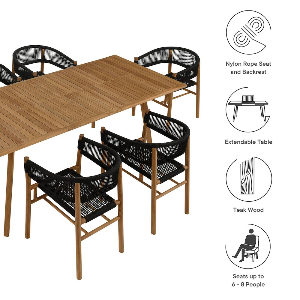 Vienna 7-Piece Outdoor Patio Teak and Rope Dining Set with Curved-Back Armchairs. Picture 4