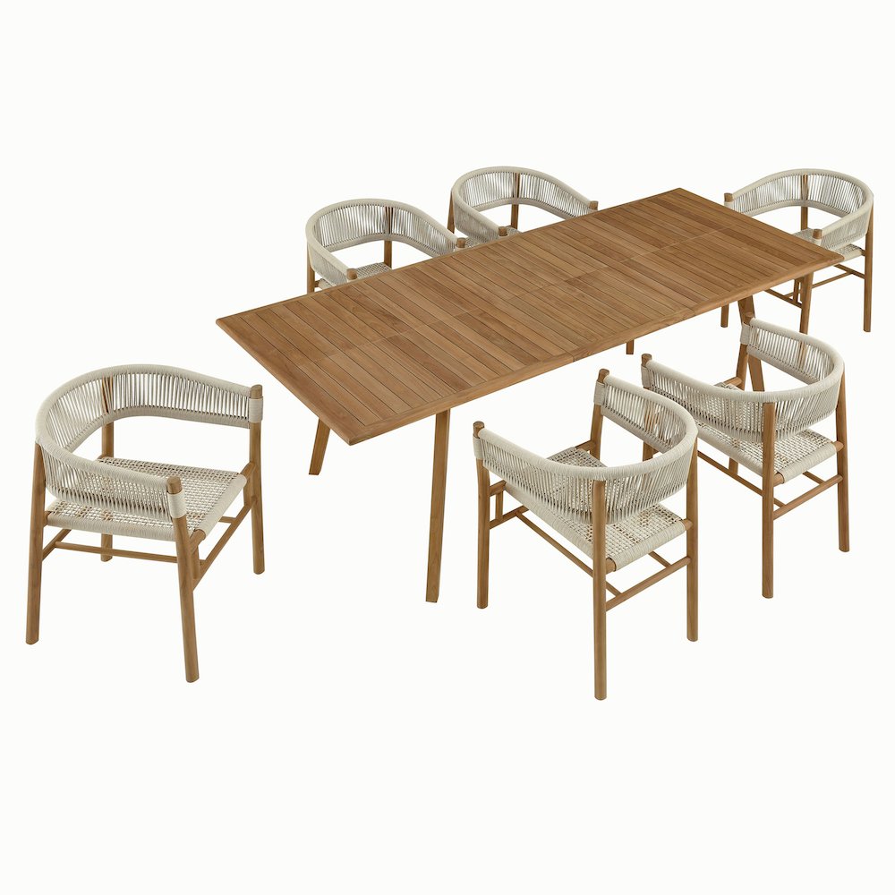 Vienna 7-Piece Outdoor Patio Teak and Rope Dining Set with Curved-Back Armchairs. Picture 1
