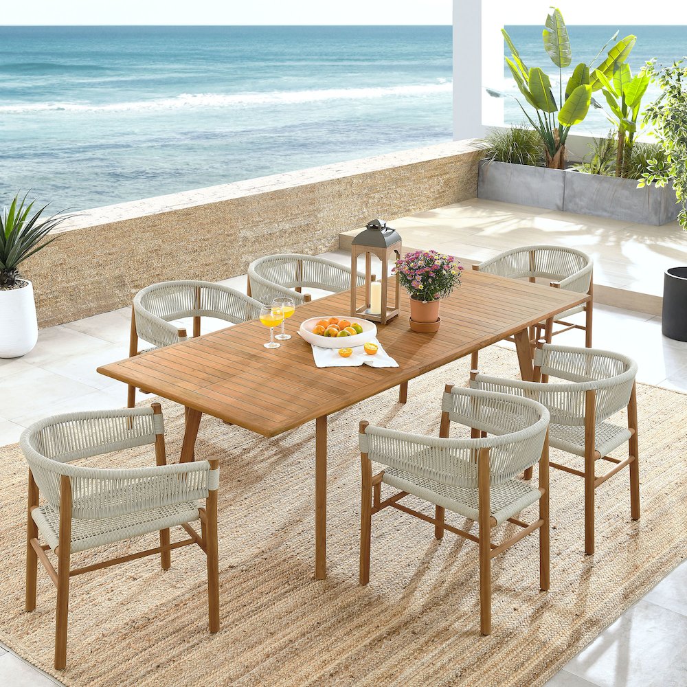 Vienna 7-Piece Outdoor Patio Teak and Rope Dining Set with Curved-Back Armchairs. Picture 11