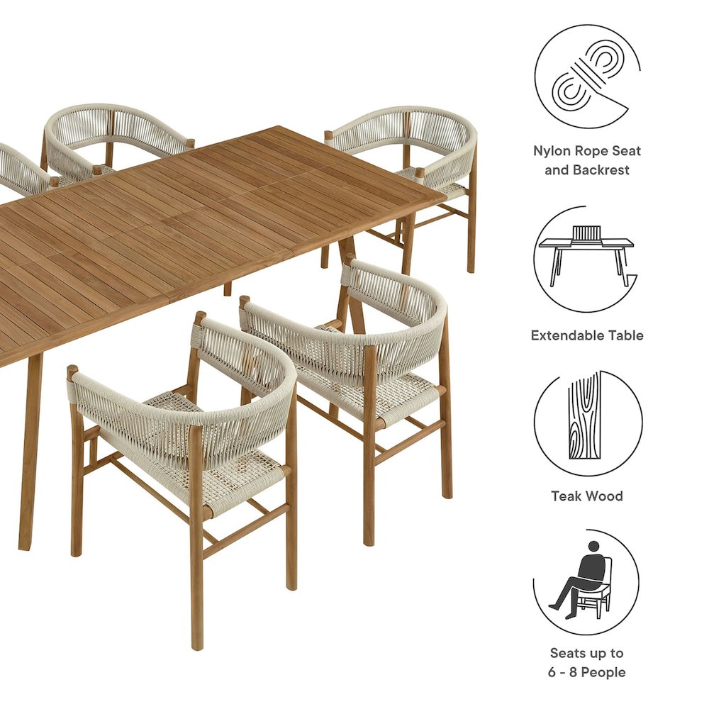 Vienna 7-Piece Outdoor Patio Teak and Rope Dining Set with Curved-Back Armchairs. Picture 4