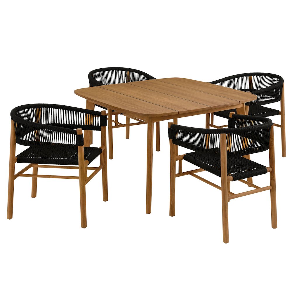 Vienna 5-Piece Outdoor Patio Teak and Rope Dining Set with Curved-Back Armchairs. Picture 1