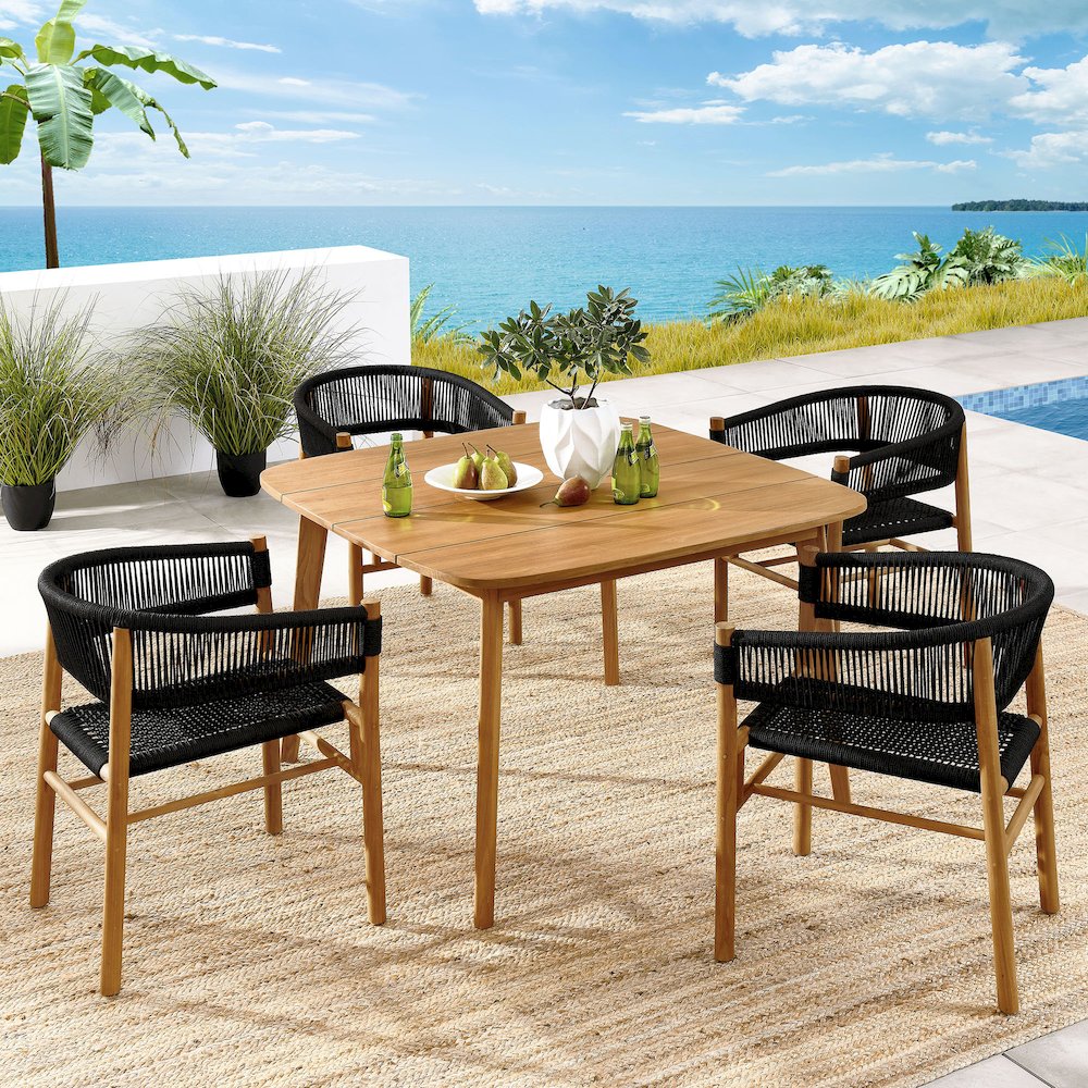 Vienna 5-Piece Outdoor Patio Teak and Rope Dining Set with Curved-Back Armchairs. Picture 11