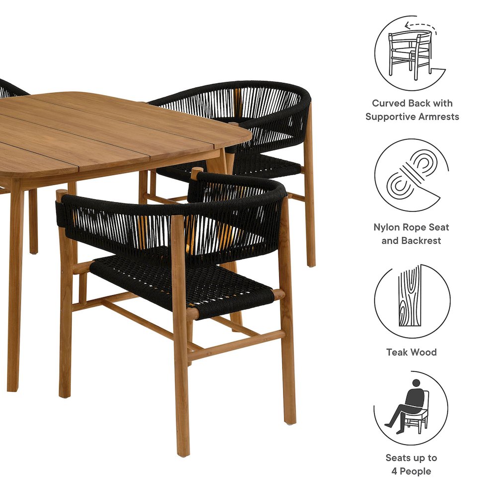 Vienna 5-Piece Outdoor Patio Teak and Rope Dining Set with Curved-Back Armchairs. Picture 4