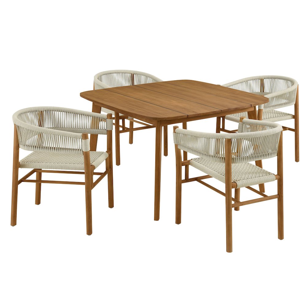 Vienna 5-Piece Outdoor Patio Teak and Rope Dining Set with Curved-Back Armchairs. Picture 1